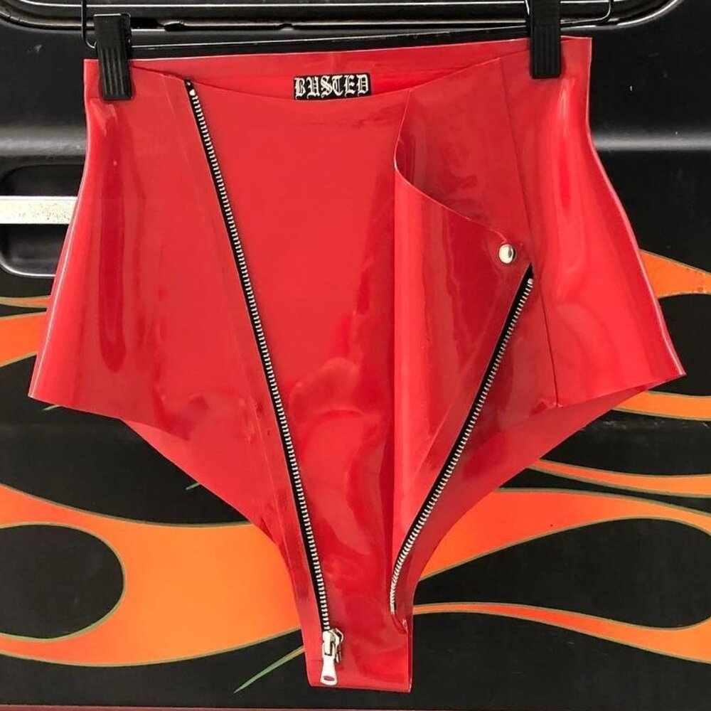 Busted Brand Latex Moto Pants | Red Latex Hotpants